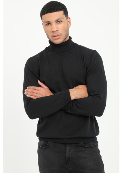 Siyah Tam Balıkçı Düz Regular Fit Erkek Triko modelleri