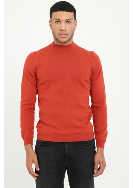 Kiremit Yarım Balıkçı Regular Fit Düz Erkek Triko