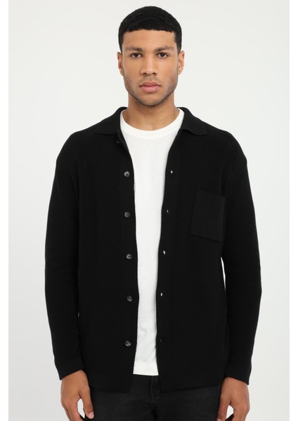 Siyah Düğmeli Düz Regular Fit Erkek Triko Hırka