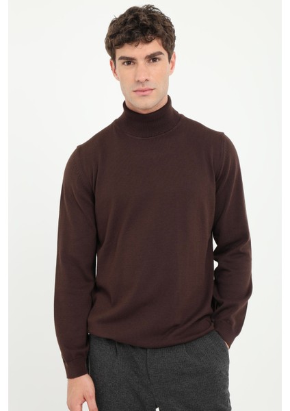 Kahve Tam Balıkçı Düz Erkek Regular Fit Triko