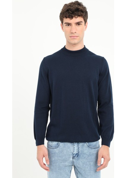 Lacivert Yarım Balıkçı Düz Regular Fit Erkek Triko