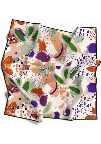 Twill Yumuşak Dokulu Çiçekli Batik Desenli Turuncu - Zümrüt Yeşili Renkli 90X90 Eşarp (Ipek Içermez) Dikim Şekli : El Dikişi
