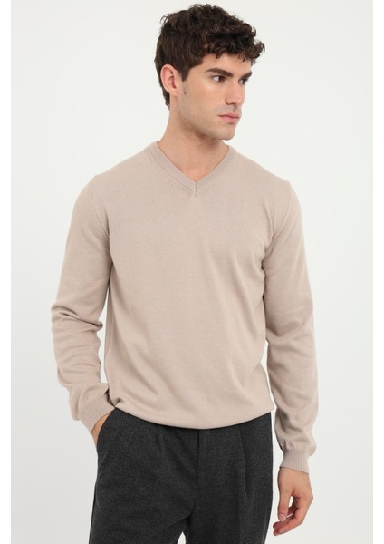 Bej V Yaka Regular Fit Düz Erkek Triko modelleri