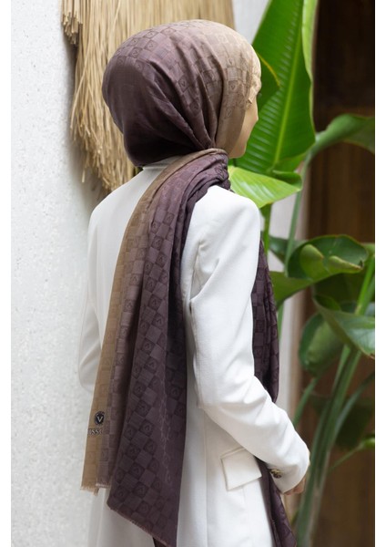 %57 Ipek %43 Pamuk Degrade Desenli Sütlü Kahverengi Renkli Şal - 70X190 Dikiş Tipi Italyan Dikişli