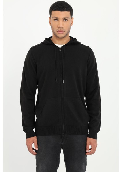 Siyah Fermuar Kapamalı Kapüşonlu Slim Fit Erkek Triko fiyatları
