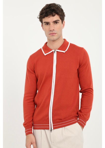 Kiremit Polo Yaka Fermuarlı Düz Regular Fit Erkek Triko