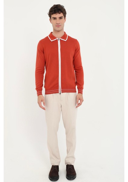 Kiremit Polo Yaka Fermuarlı Düz Regular Fit Erkek Triko fiyatları