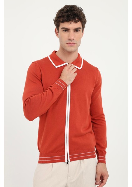 Kiremit Polo Yaka Fermuarlı Düz Regular Fit Erkek Triko modelleri