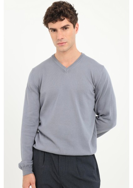 Gri Melanj V Yaka Regular Fit Erkek Triko modelleri