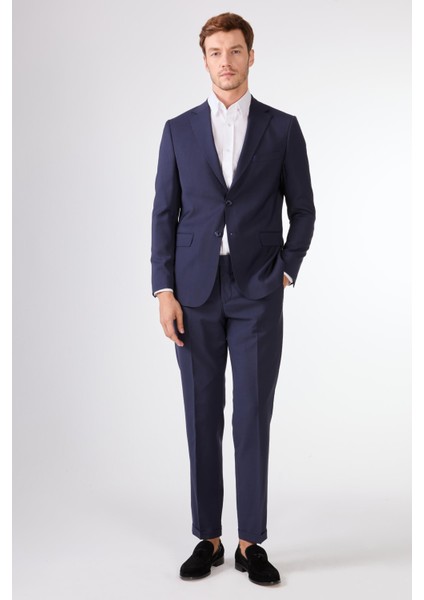 Lacivert Düz Renk Yünlü Slim Fit Erkek Takım Elbise