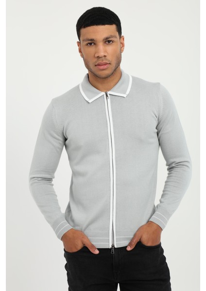 Gri Polo Yaka Düz Fermuarlı Regular Fit Erkek Triko modelleri