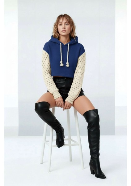 Kadın Kolları Triko File Örgü Şık Tasarım Crop Boy Kapüşonlu Sweatshirt Kazak indirimleri