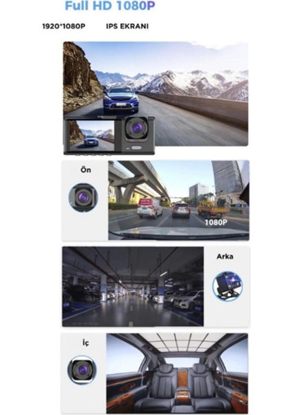 Araç Içi 1080P 3 Kameralı LCD Ekranlı Gece Görüşlü , G-Sensör , Geri Görüş Kamera fiyatları