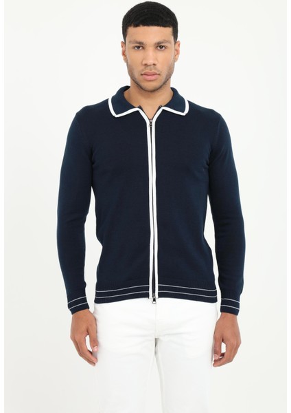 Lacivert Polo Yaka Düz Fermuarlı Regular Fit Erkek Triko