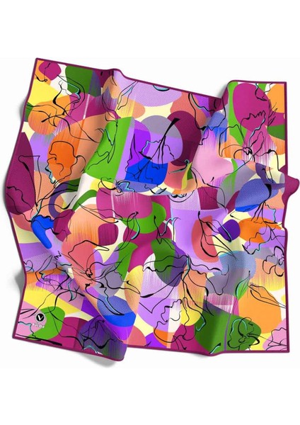 Pamuksu Batikli ve Çiçek Desenli Mürdüm Renkli 90X90 Soft Eşarp Kenar Dikiş Şekli El Dikişli