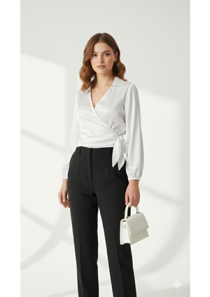 Saten Kruvaze Yaka Yandan Bağlamalı Gömlek Bluz