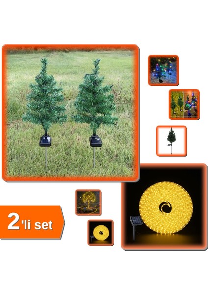 Solar Dekoratif Çam Ağacı + Güneş Enerjili 12 Metre Bahçe Aydınlatma - 2li Set N0H4W1