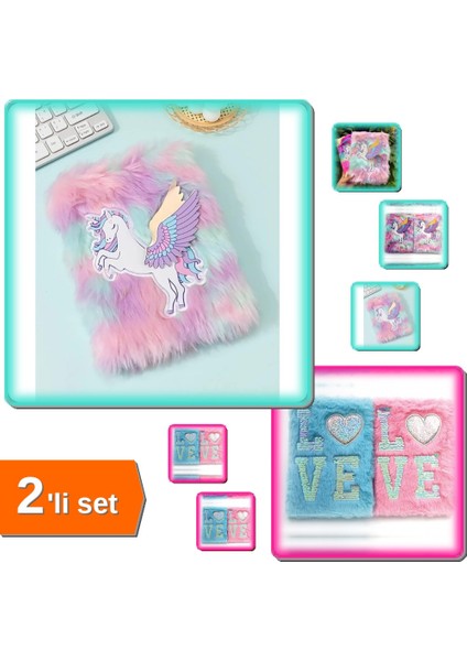 Unicorn Tasarımlı Peluş Hatıra Defteri + Love Tasarımlı Peluş Hatıra Defteri - 2li Set R0D1L0