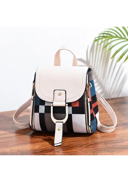 Kadınlar Için E Sırt Çantası Pu Deri Ekose Sırt Çantası Çok Fonksiyonlu Koykulu Teenger School Bag Leisure Lock Sırt Çantası Mochila Renk: Bej/boyut: 21X13X24CM (Yurt Dışından)