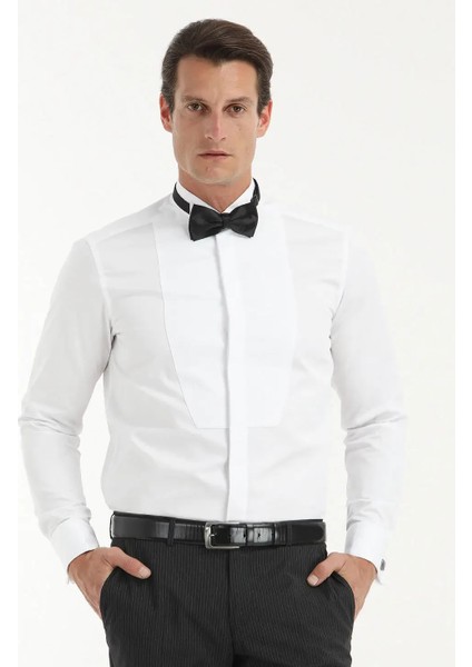 Beyaz Düz Regular Fit Duble Manşet Ata Yaka Smokin Gömlek indirimleri