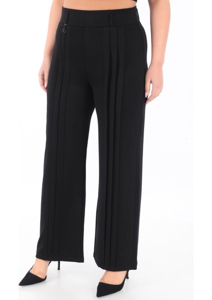 Büyük Beden Toparlayıcı Yüksek Bel Pile Detaylı Boru Paça Örme Kadın Pantolon