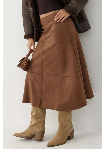 Kadın Fermuarlı Yüksek Bel Süet Uzun Etek Deve Kahvesi