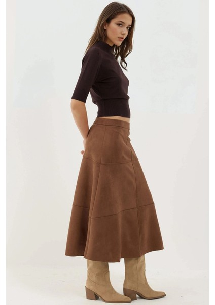 Kadın Fermuarlı Yüksek Bel Süet Uzun Etek Deve Kahvesi fiyatları