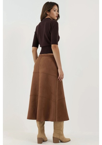 Kadın Fermuarlı Yüksek Bel Süet Uzun Etek Deve Kahvesi modelleri