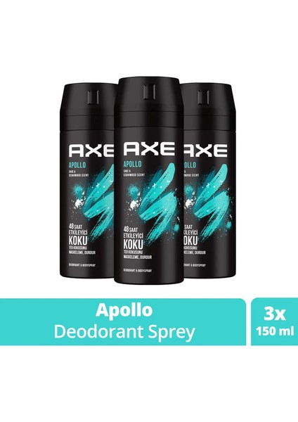 3 Adet Axe Erkek Sprey Deodorant Apollo 48 Saat Etkileyici Koku Vücut Spreyi 150 ml