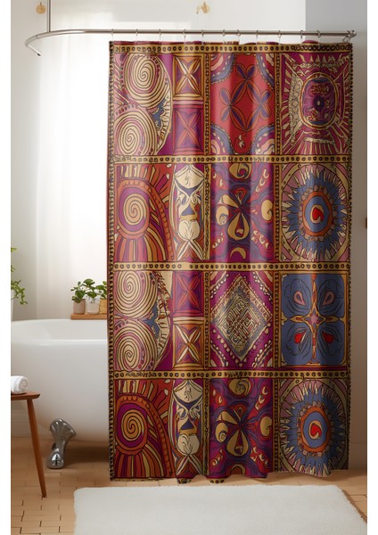 Banyo Perdesi, Kırmızı Otantik Desenli Duş Perdesi, Küvet Perdesi, Halka Hediyeli 175X200CM Bp-06