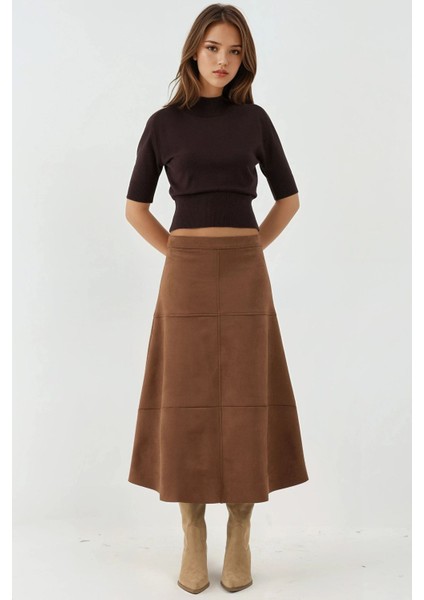 Kadın Fermuarlı Yüksek Bel Süet Uzun Etek Deve Kahvesi