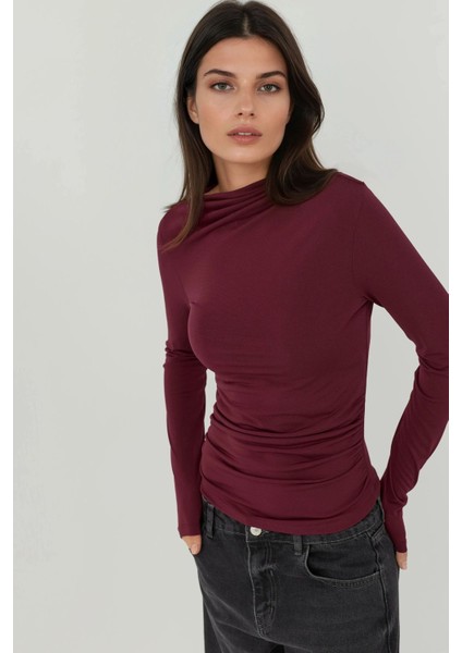 Kadın Büzgü Detaylı Kayık Yaka Bluz Bordo Kırmızı modelleri