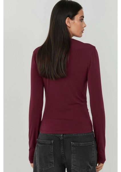 Kadın Büzgü Detaylı Kayık Yaka Bluz Bordo Kırmızı fırsatları