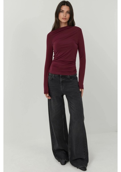Kadın Büzgü Detaylı Kayık Yaka Bluz Bordo Kırmızı indirimleri