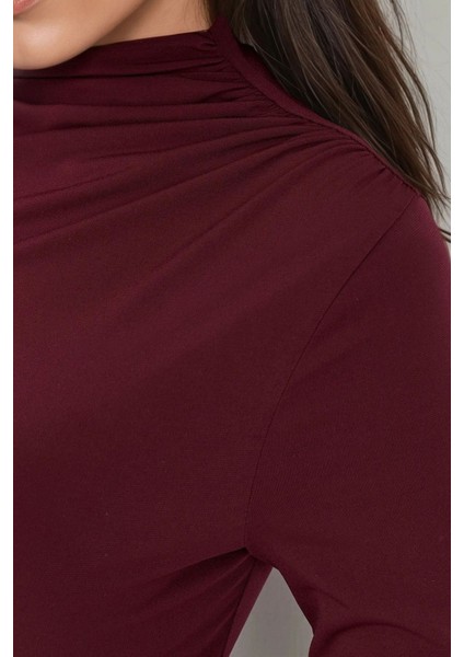 Kadın Büzgü Detaylı Kayık Yaka Bluz Bordo Kırmızı
