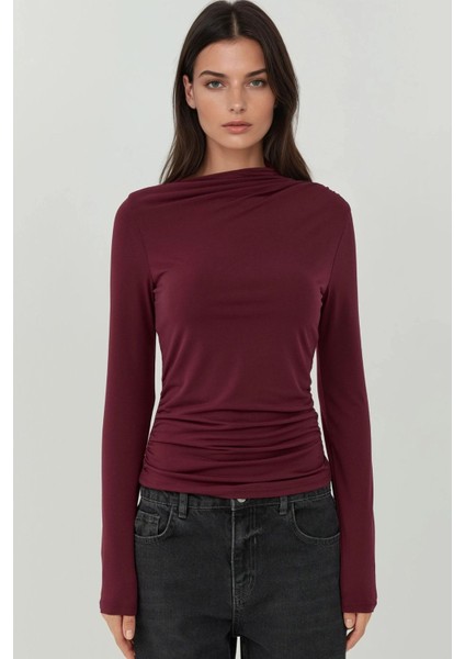 Kadın Büzgü Detaylı Kayık Yaka Bluz Bordo Kırmızı