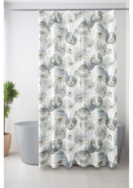 Banyo Perdesi, Sessiz Çiçekler Desenli Duş Perdesi, Küvet Perdesi, Halka Hediyeli 175X200CM Bp-80