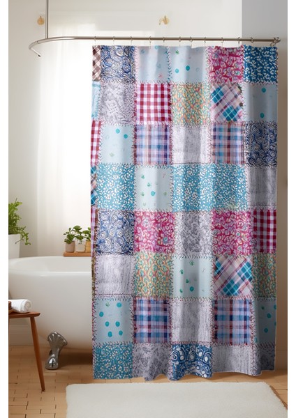 Banyo Perdesi, Renkli Yamalar Desenli Duş Perdesi, Küvet Perdesi, Halka Hediyeli 175X200CM Bp-05