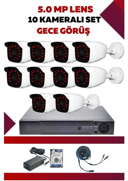 10 Kameralı Hd Set - 5mp Sony Lensli Full Hd Gece Görüşlü Güvenlik Kamerası Sistemi