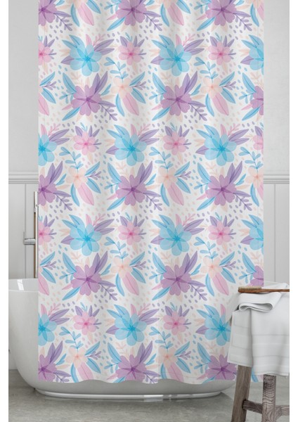 Banyo Perdesi, Soft Çiçekler Desenli Duş Perdesi, Küvet Perdesi, Halka Hediyeli 175X200CM Bp-13