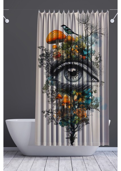 Banyo Perdesi, Gözün Bahçesi Desenli Duş Perdesi, Küvet Perdesi, Halka Hediyeli 175X200CM Bp-92