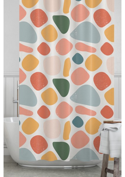 Banyo Perdesi, Renkli Oval Desenli Duş Perdesi, Küvet Perdesi, Halka Hediyeli 175X200CM Bp-28