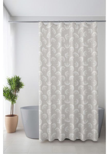 Banyo Perdesi, Beyaz Tüy Desenli Duş Perdesi, Küvet Perdesi, Halka Hediyeli 175X200CM Bp-21