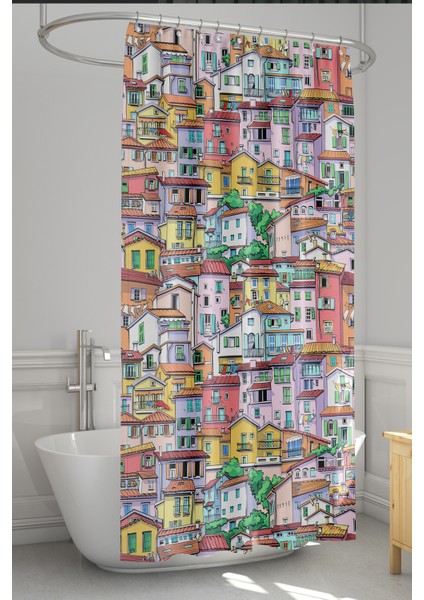 Banyo Perdesi, Renkli Evler Desenli Duş Perdesi, Küvet Perdesi, Halka Hediyeli 175X200CM Bp-74