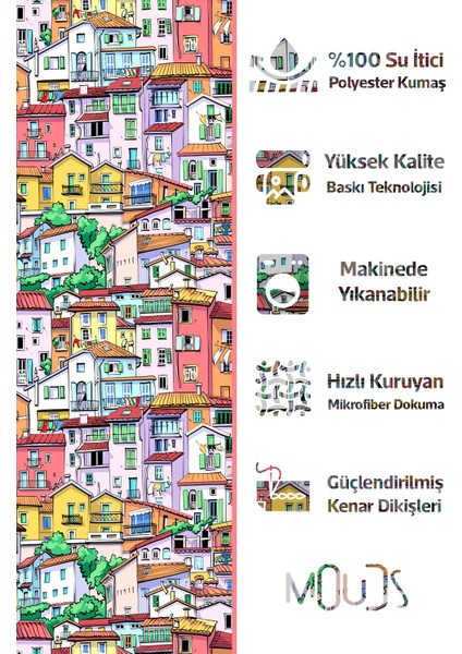 Banyo Perdesi, Renkli Evler Desenli Duş Perdesi, Küvet Perdesi, Halka Hediyeli 175X200CM Bp-74 fiyatları