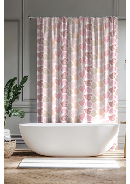 Banyo Perdesi, Renkli Kalpler Desenli Duş Perdesi, Küvet Perdesi, Halka Hediyeli 175X200CM Bp-87