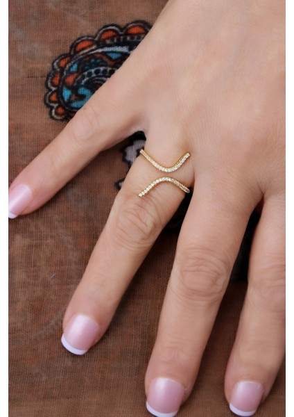 Gold Çift Sıra Kıvrımlı Zirkon Taşlı Kadın Çelik Yüzük fiyatları