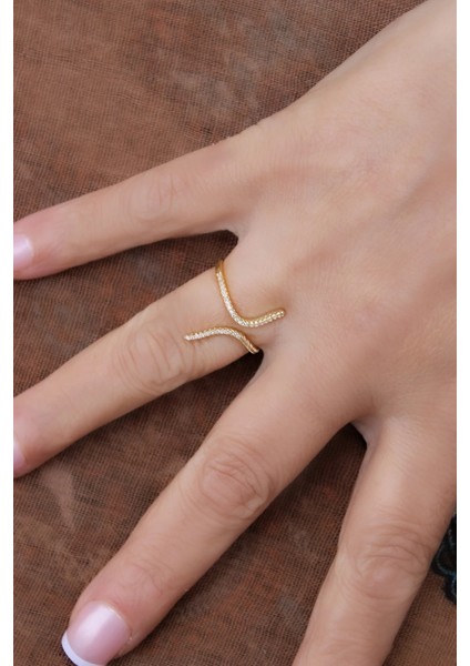 Gold Çift Sıra Kıvrımlı Zirkon Taşlı Kadın Çelik Yüzük modelleri