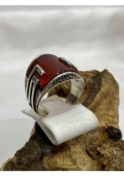 Gümüş Kırmızı Taşlı Erkek Yüzük