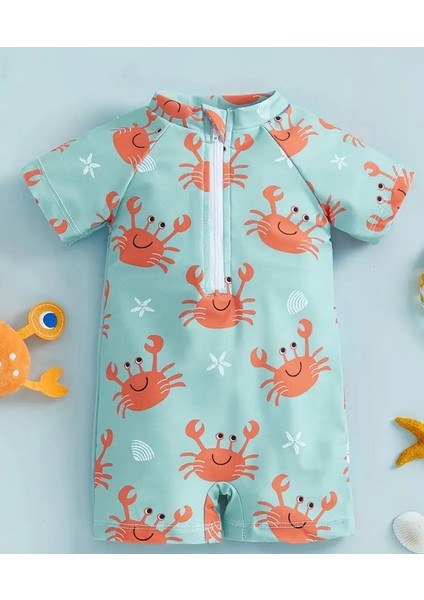 Turkuaz Yengeç Desenli Bebek Mayo – Fermuarlı, Rahat ve Esnek Yazlık Tulum Mayo Swimwear
